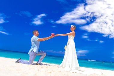 beach düğün t mutlu gelin ve Damat Düğün gününde, açık