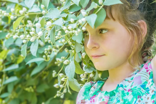 Lindo retrato de niña sobre fondo de flor natural — Foto de Stock