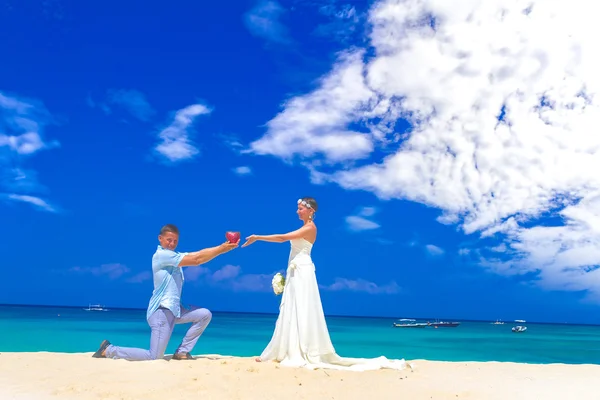 Happy bride and groom on wedding day, outdoor beach wedding in t — Stock Photo, Image