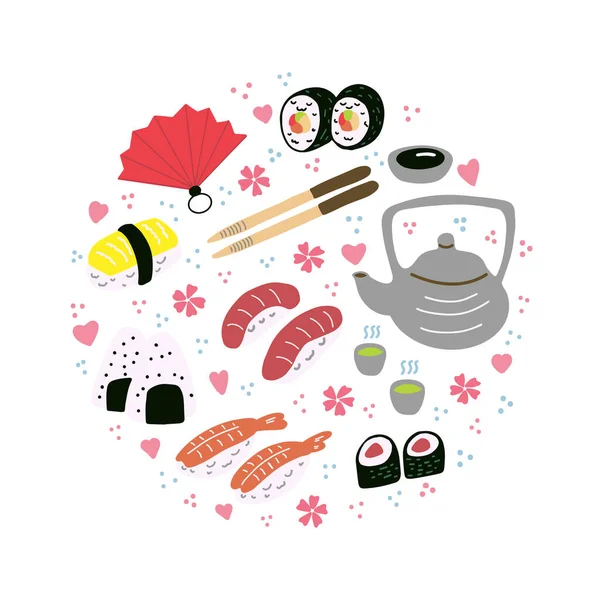 Doodle de varios tipos de sushi y comida japonesa. — Vector de stock