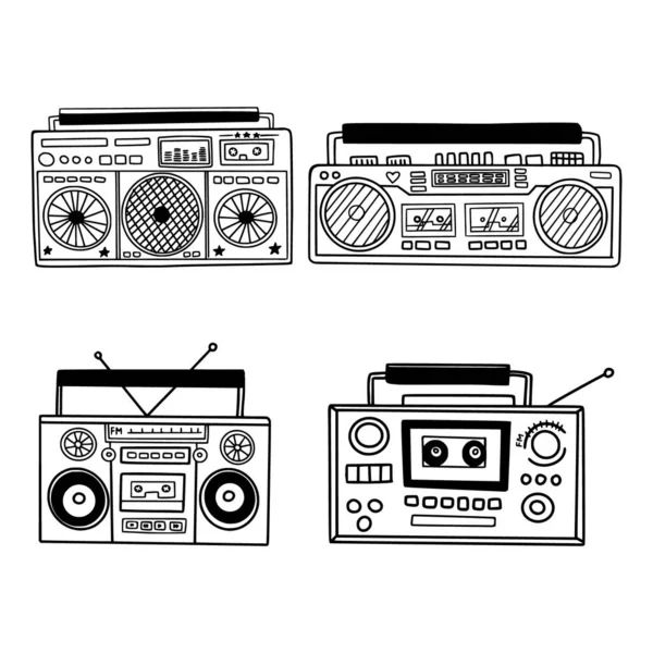 Kolekcja słodkich i czarno-białych starych szkolnych magnetofonów doodles. — Wektor stockowy