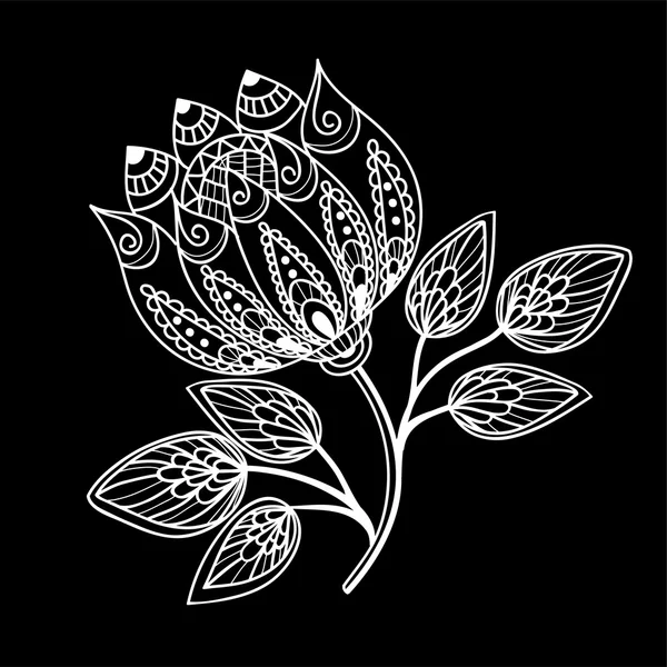 美丽的单色黑色和白色花朵和叶子孤立. — 图库矢量图片