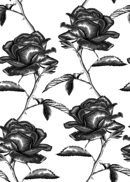 Vacker svartvit, svart och vit sömlös bakgrund med rosor med stjälk och löv. — Stock vektor