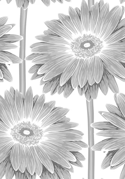 Beautiful monochrome, black and white seamless background with gerbera flower with a stem. — Stock Vector