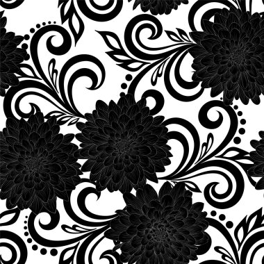 Beautiful monochrome black and white seamless pattern with dahlia flowers and abstract floral swirls