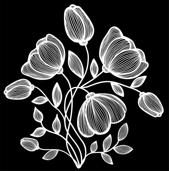 Schöne einfarbige schwarz-weiße Blüten und Blätter isoliert. — Stockvektor