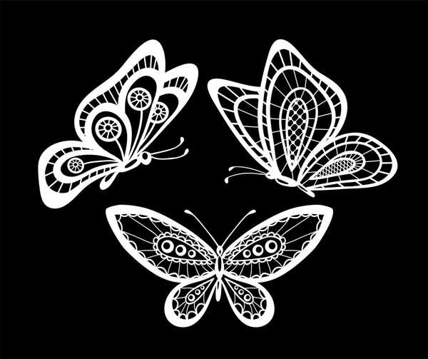 Set of beautiful black and white guipure lace butterflies isolated. — Stock Vector