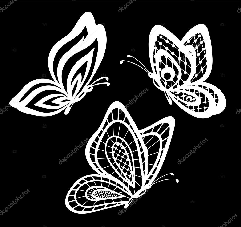 Conjunto de belas borboletas de renda guipure preto e branco isolado .  Vetor de ©Jane_Hulinska 105490288, image size:1024x964