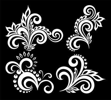 dizi güzel tek renkli siyah ve beyaz çiçekler ve yapraklar izole. 