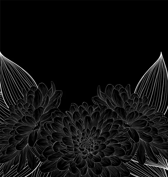 Schöner monochromer schwarz-weißer Hintergrund mit einem Rahmen aus Dahlienblüten. handgezeichnete Konturlinien und Striche. — Stockvektor
