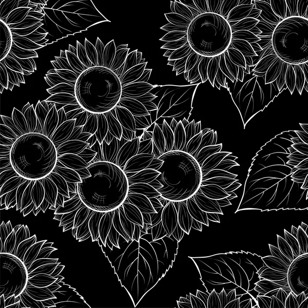 Beautiful monochrome black and white seamless background with sunflowers. Hand-drawn contour lines and strokes. — Stock Vector