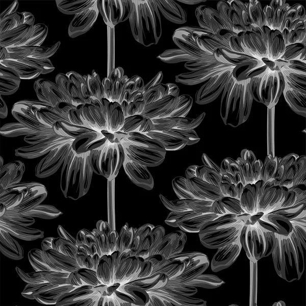 Vackra svartvita, svartvitt och sömlös bakgrund med dahlia. handritade med effekten av ritning i akvarell — Stock vektor