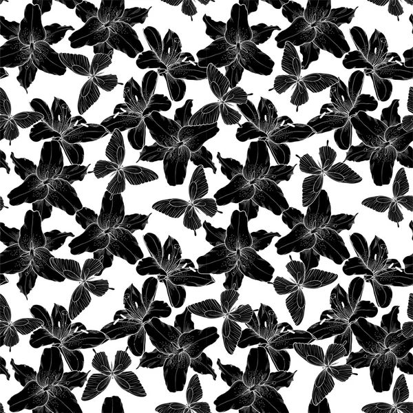 Hermoso fondo monocromo, blanco y negro sin costuras con lirios y mariposas. Líneas de contorno dibujadas a mano . — Archivo Imágenes Vectoriales