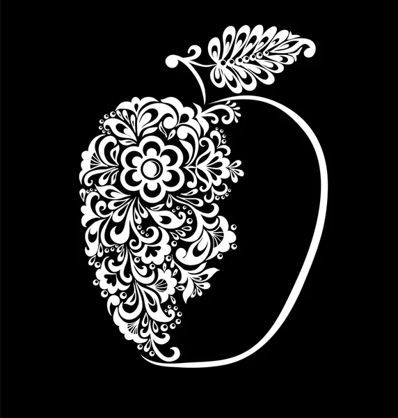 Hermosa manzana monocroma blanco y negro decorado con patrón floral aislado . — Vector de stock