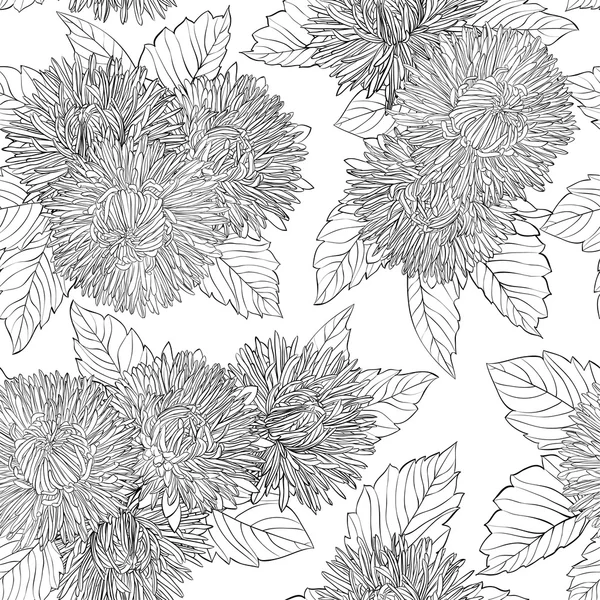 Hermoso fondo monocromo, blanco y negro sin costuras con flores aster . — Archivo Imágenes Vectoriales