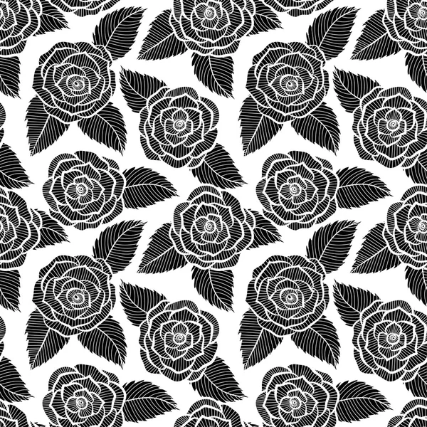 Beautiful seamless black and white pattern in roses and leaves lace. — Stock Vector