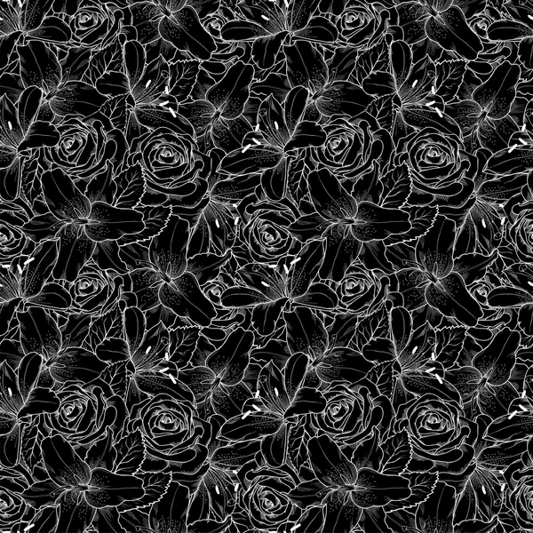 Hermoso fondo sin costuras con lirio blanco y negro y rosas. Líneas de contorno y trazos dibujados a mano . — Vector de stock