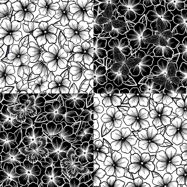 Verzameling van mooie zwart-naadloze achtergrond met bloemen en bladeren. — Stockvector