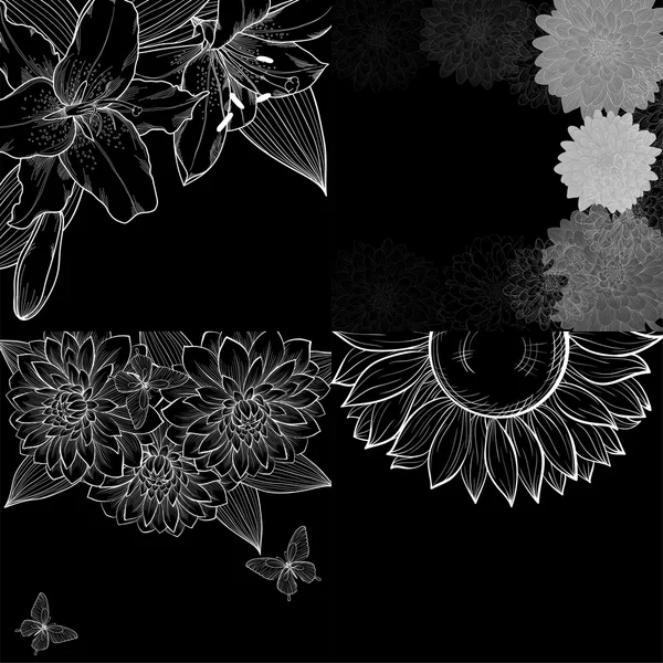 Conjunto de fundo preto e branco monocromático, espaço para texto, quadro de flores para cartão de saudação — Vetor de Stock