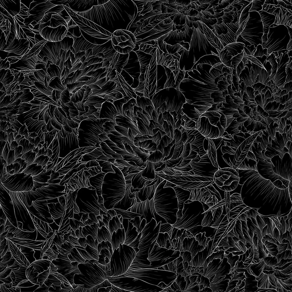 Schönen monochromen schwarzen und weißen nahtlosen Hintergrund. Pfingstrosen mit Blättern und Knospen. — Stockvektor