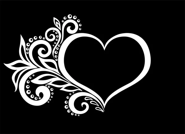 Beautiful monochrome black and white silhouette of the heart of lace flowers, tendrils and leaves isolated. — Stock Vector