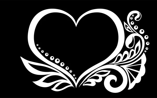 Beautiful monochrome black and white silhouette of the heart of lace flowers, tendrils and leaves isolated. — Stock Vector