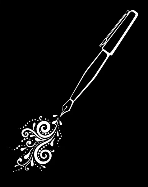 Beautiful monochrome black and white outline of an ink pen with a painted floral design of curves and curls isolated. — Stock Vector