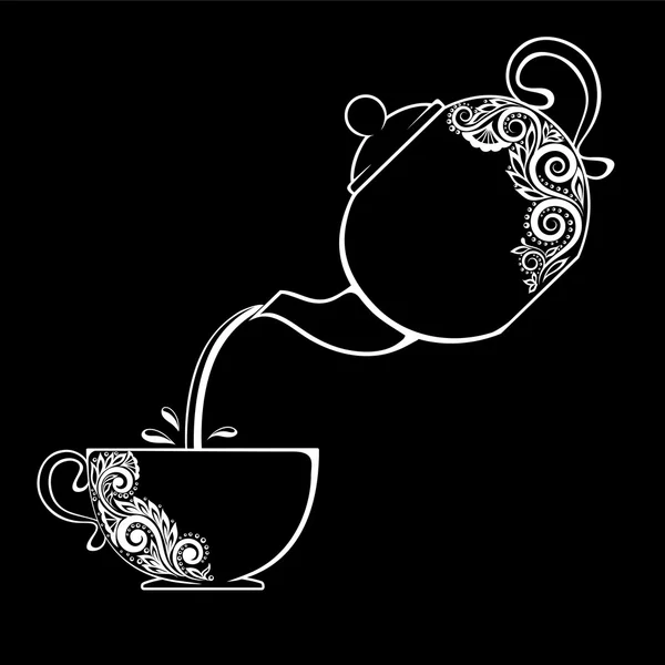 Schöne schwarz-weiße Kontur der Tasse und Teekanne mit floralem Element isoliert. — Stockvektor