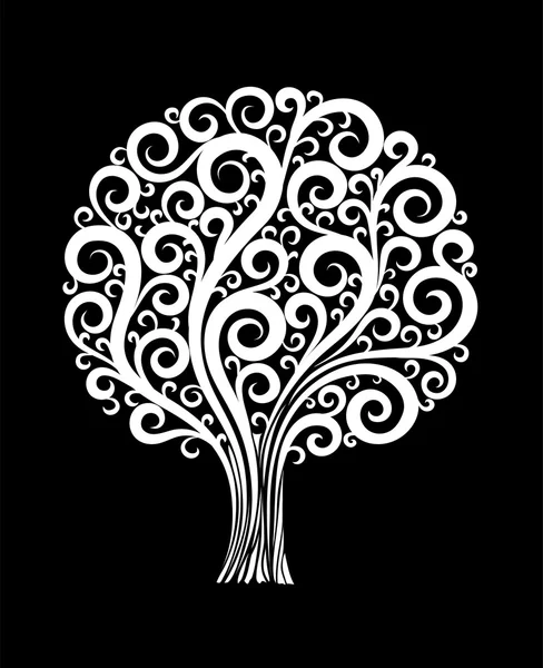 美丽的单色黑白树在花型设计与漩涡和繁荣孤立. — 图库矢量图片