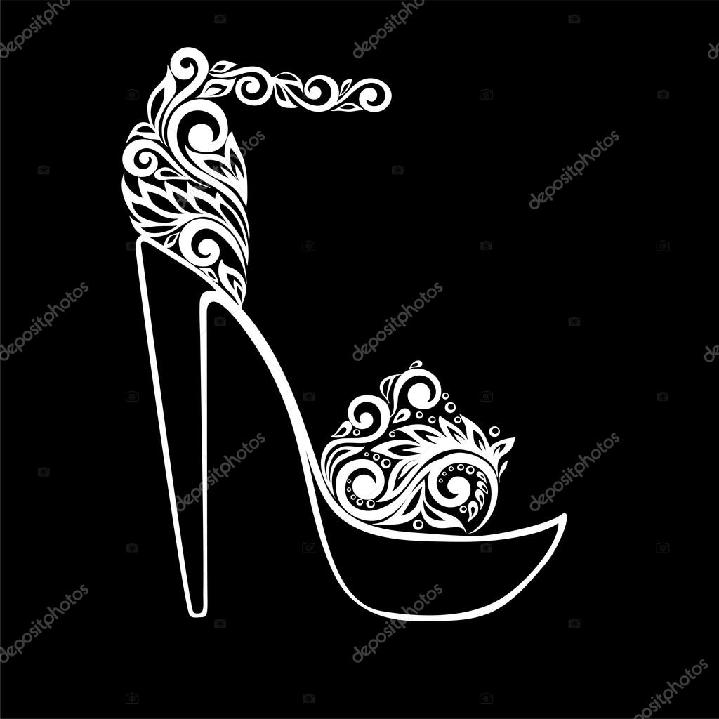 Beautiful monochrome black and white sandals, decorated with floral ornament isolated. Floral design for greeting card and invitation of wedding, birthday, Valentine's Day, mother's day and seasonal holiday