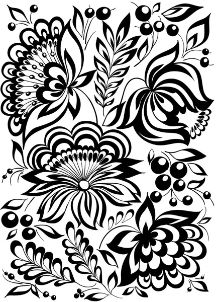 Hermosas flores y hojas monocromas en blanco y negro aisladas . — Vector de stock