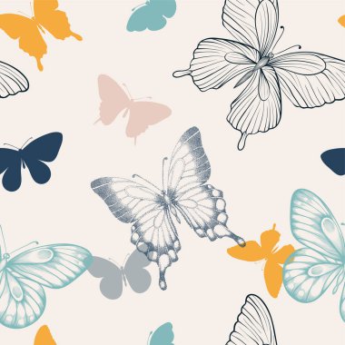 Dekoratif kelebek desenli, İskandinav tarzı. Tasarım tebrik kartı ve düğün davetiyesi, doğum günü, sevgililer günü, anneler günü, bahar, yaz tatili, kumaş, tekstil.
