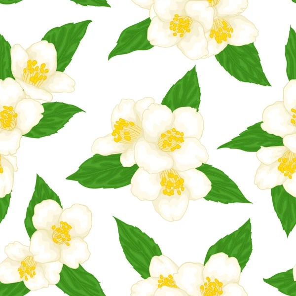 Semless Pattern Branch Flower Jasmine Green Leaves Cartoon Watercolour Style — Stock Vector