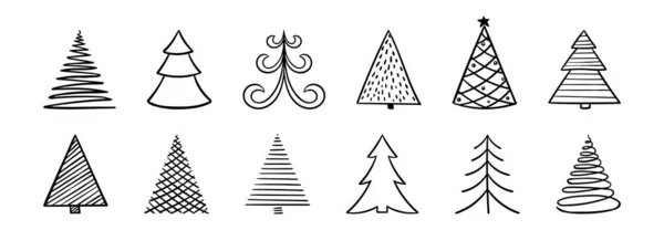 Set Tangan Digambar Sketch Pohon Natal Desain Untuk Kartu Ucapan - Stok Vektor