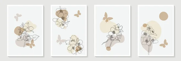 Conjunto Ilustraciones Creativas Minimalistas Pintadas Mano Contorno Floral Silueta Mariposa — Vector de stock