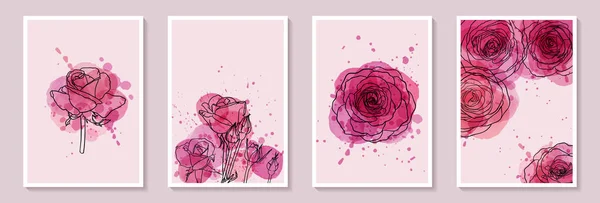 ピンクの水彩ステインとスプラッシュと創造的なミニマリストの手描きイラストの花のアウトラインのセット 壁の装飾 ポストカードやパンフレットカバーデザインのためのデザイン — ストックベクタ