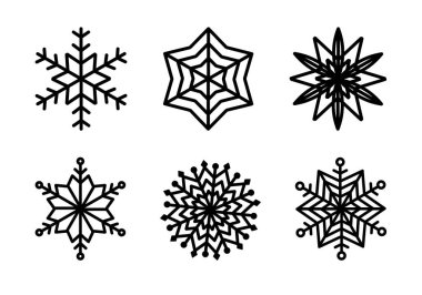 Siyah beyaz kar tanesi silueti. Bayram tebrik kartları ve Mutlu Noeller ve Mutlu Yıllar ve mevsimsel tatiller davetiyeleri için tasarım öğesi.