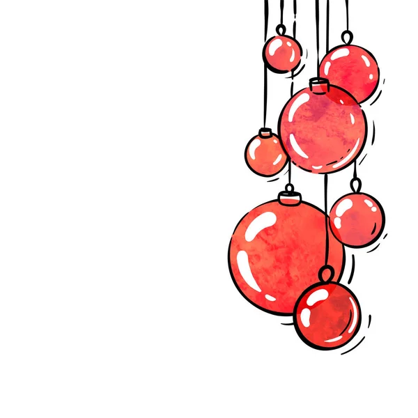 Hängende Rote Aquarell Weihnachtskugel Winterurlaub Grenze Oder Rahmen Design Urlaub — Stockvektor