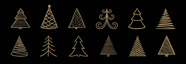 Set Tangan Digambar Sketch Pohon Natal Emas Desain Untuk Kartu - Stok Vektor