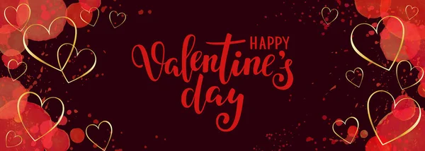 Feliz San Valentín Día Cepillo Lápiz Letras Salpicaduras Acuarela Corazones — Vector de stock