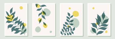 Duvar dekorasyonu, kartpostal veya broşür kapağı tasarımı, poster tasarımı için yaratıcı minimalist el çizimleri yeşil yapraklar ve pastel basit şekiller..