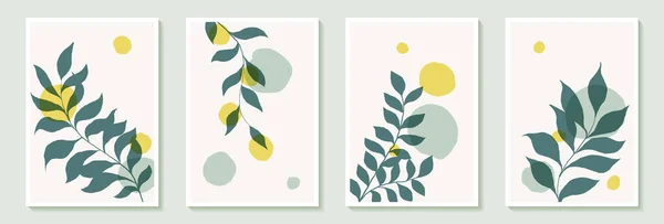 Set Creative Minimalist Hand Draw Illustrations Green Leaves Pastel Simple — Stock Vector