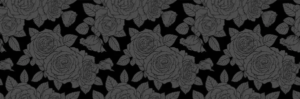 Όμορφο Μονόχρωμο Μαύρο Και Άσπρο Αδιάλειπτη Μοτίβο Τριαντάφυλλα Φύλλα Γραμμές — Διανυσματικό Αρχείο