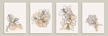 Bir dizi yaratıcı minimalist el çizimi çizimi illüstrasyonlar çiçek desenli pastel biege duvar dekorasyonu, kartpostal veya broşür kapağı tasarımı için basit şekil.