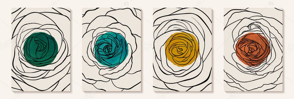 Creative minimalist hand painted Abstract art background with watercolor stain and Hand Drawn doodle rose outline. Design for wall decoration, postcard, poster or brochure.