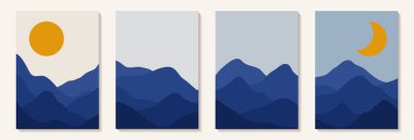 Soyut sanat dağı. Gündüz ve gece soyut, güneş ve ay modern tarzda. Modern sanat arkaplanı. Duvar dekorasyonu, kartpostal veya broşür kapağı tasarımı için soyut manzara tasarımı