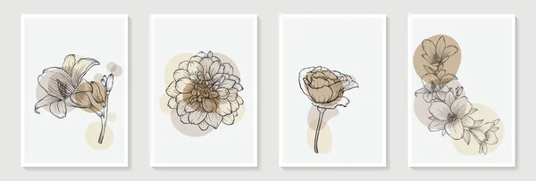 Conjunto Ilustraciones Creativas Minimalistas Dibujo Mano Rosa Contorno Floral Biege — Vector de stock