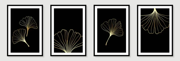 Set Creative Minimalist Hand Draw Illustrations Floral Outline Golden Ginkgo — Stock Vector