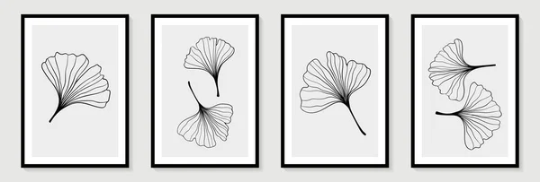 Conjunto Mão Minimalista Criativa Desenhar Ilustrações Contorno Floral Ginkgo Biloba —  Vetores de Stock