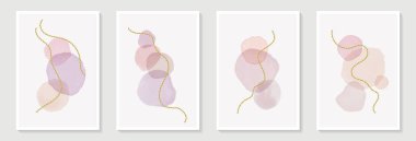 Altın çizgiler, noktalar ve suluboya fırça darbeleriyle soyut pembe sıvı suluboya lekeler. Duvar dekorasyonu, güzellik ve makyaj endüstrisi tasarımı, poster, broşür kapağı için..